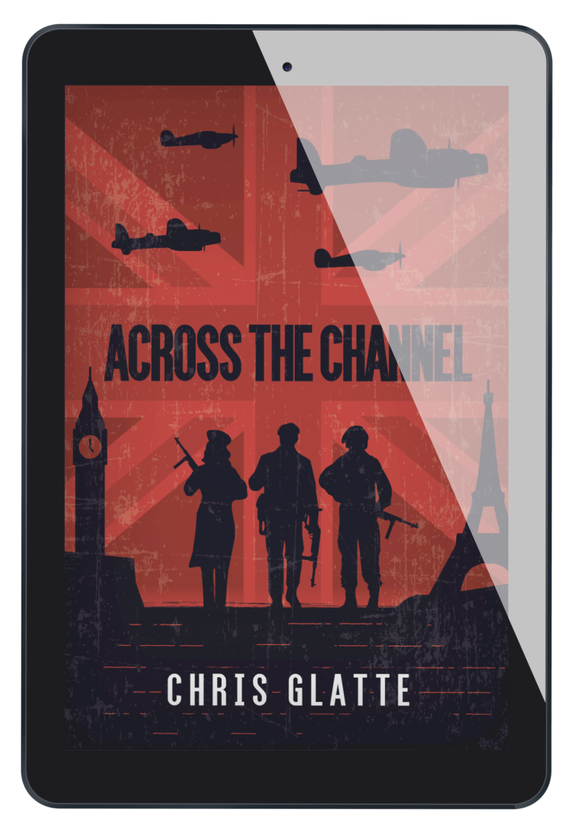 Book cover of 'Across the Channel' by Chris Glatte with silhouettes of people, airplanes, and landmarks on a red background.