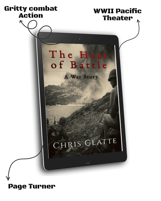 E-reader displaying the book 'The Heat of Battle' by Chris Glatte with text highlighting themes and setting.