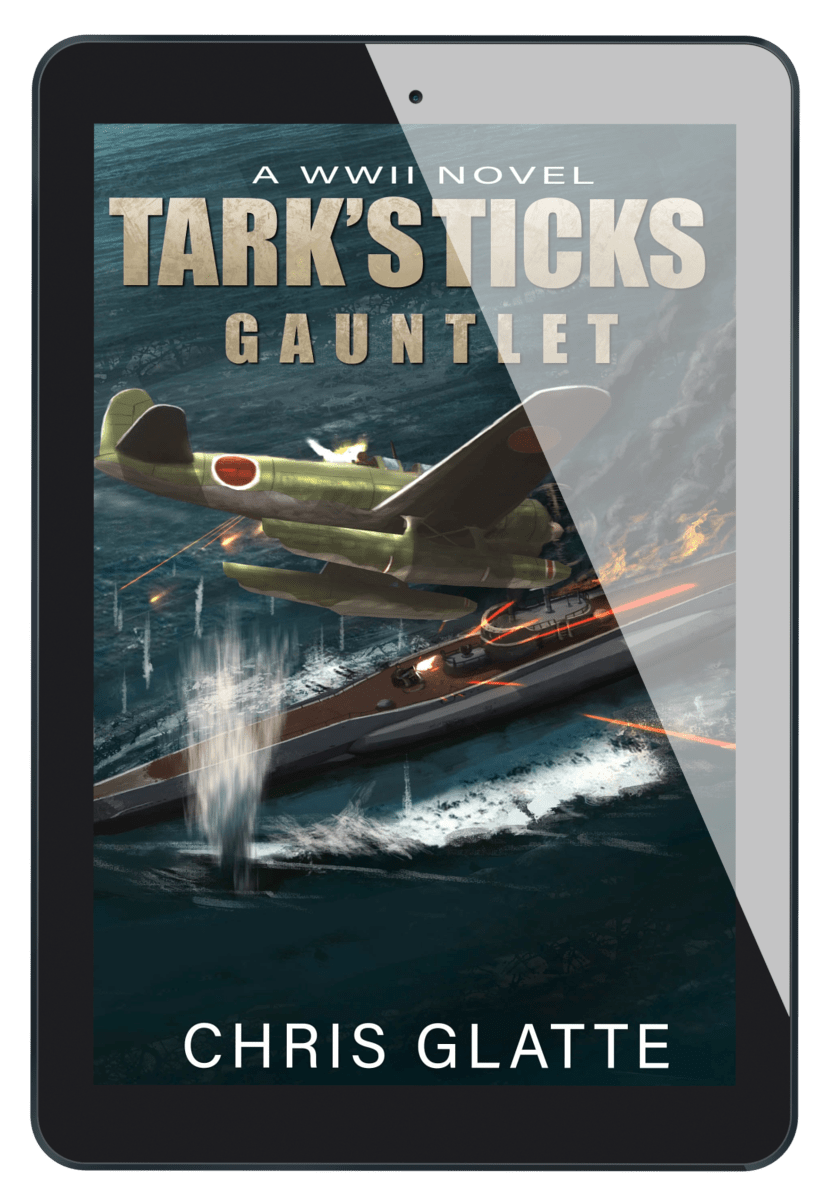 Ebook cover of 'Tark's Sticks Gauntlet' by Chris Glatte with a WWII airplane and boat on a screen.