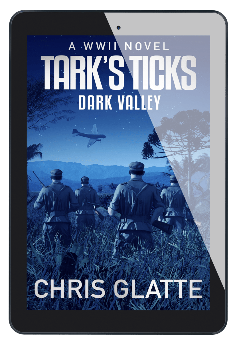 Ebook cover of 'Tark's Ticks: Dark Valley' by Chris Glatte on a tablet screen.