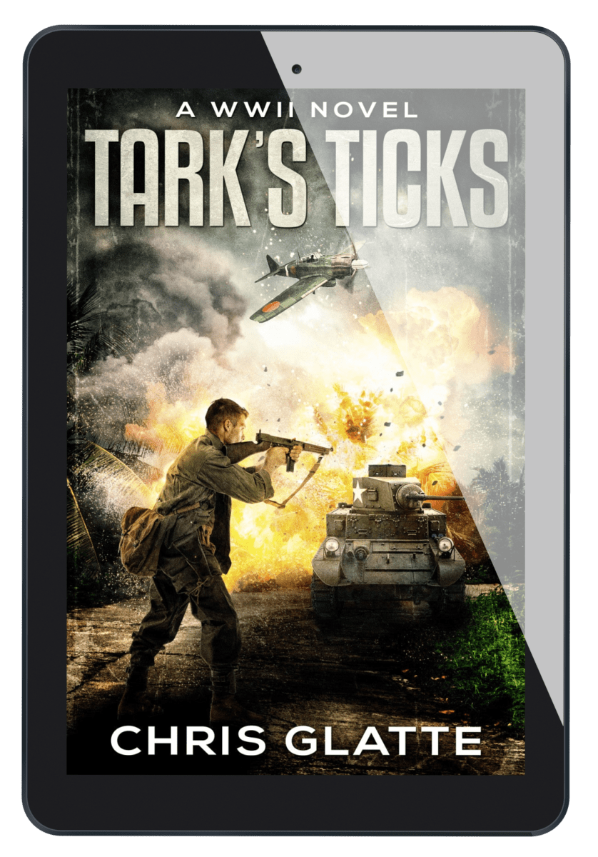 Book cover of 'Tark's Ticks' by Chris Glatte on a tablet screen