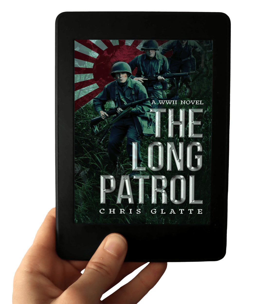 E-reader displaying the cover of 'The Long Patrol' by Chris Glatte with a WWII theme.