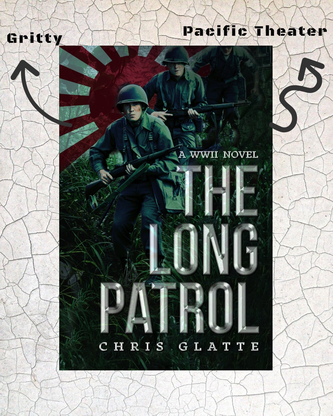 Book cover of 'The Long Patrol' by Chris Glatte with soldiers and Japanese flag on a textured background