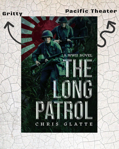 Book cover of 'The Long Patrol' by Chris Glatte with soldiers and Japanese flag on a textured background