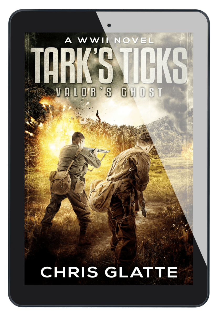 Book cover of 'Tark's Ticks: Valor's Ghost' by Chris Glatte on a tablet screen.