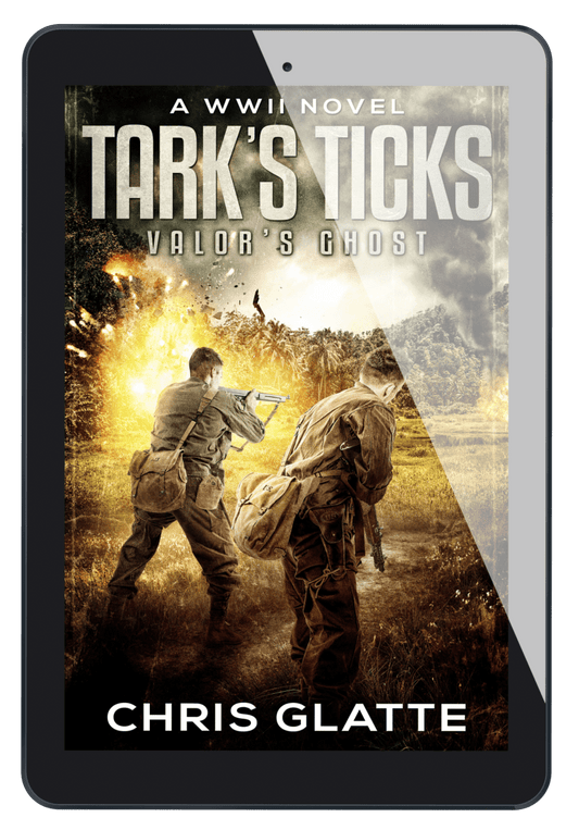 Book cover of 'Tark's Ticks: Valor's Ghost' by Chris Glatte on a tablet screen.