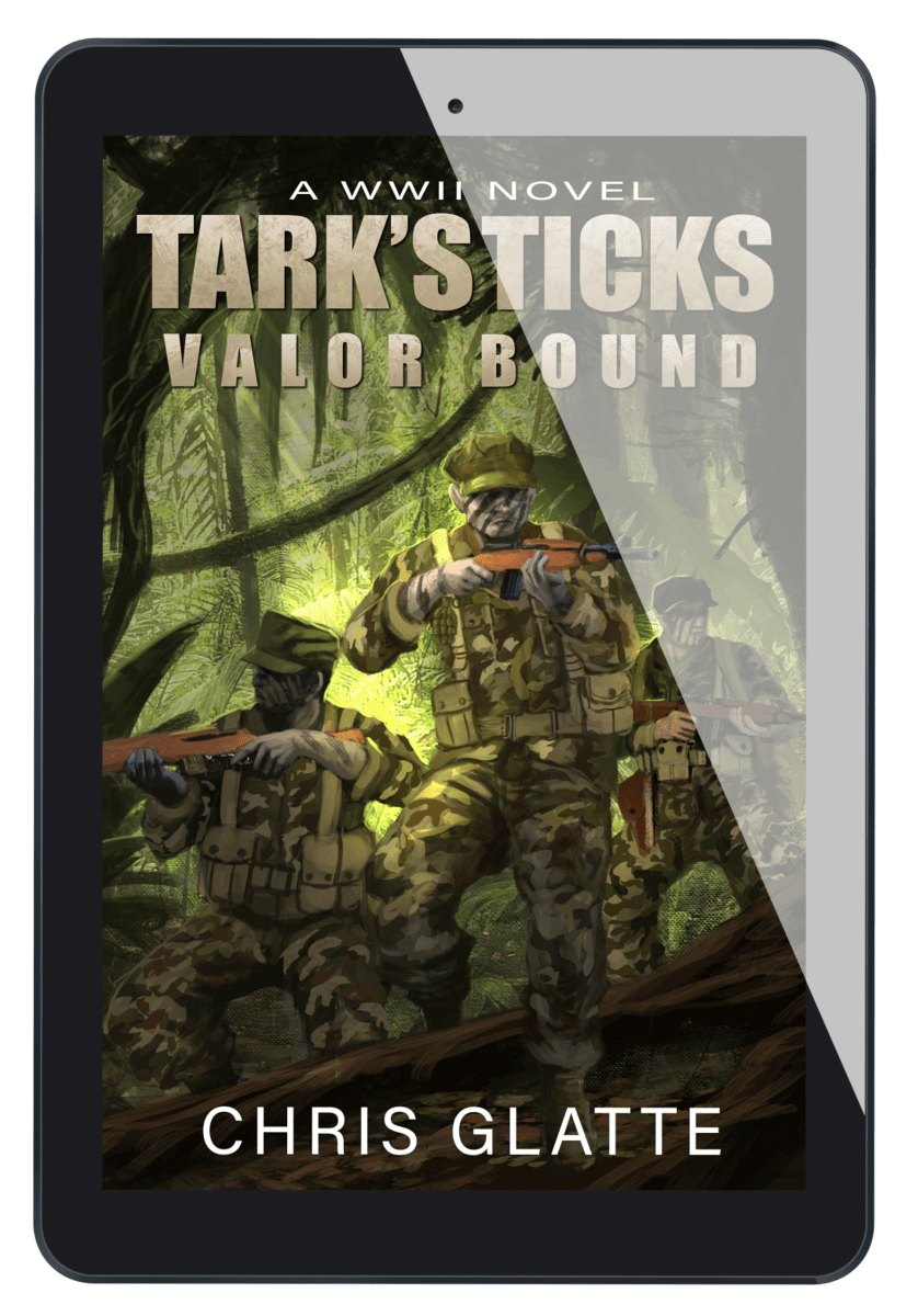 Book cover of 'Tark's Sticks: Valor Bound' by Chris Glatte on a tablet screen.