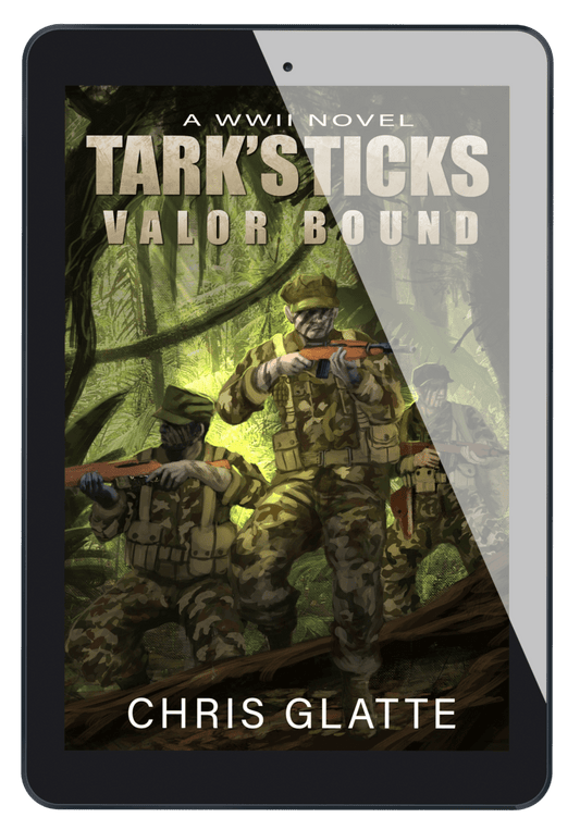 Book cover of 'Tark's Sticks: Valor Bound' by Chris Glatte on a tablet screen.