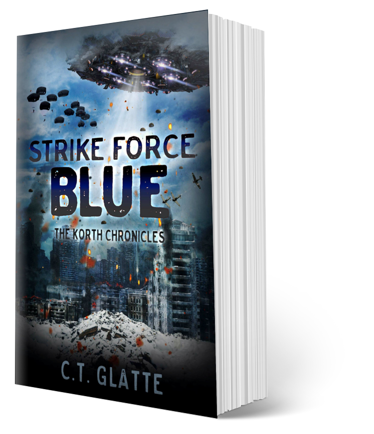 Book titled 'Strike Force Blue' by C.T. Glatte with a cityscape and UFO cover design.
