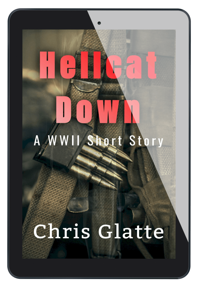 Ebook cover of 'Hellcat Down' by Chris Glatte on a tablet screen.
