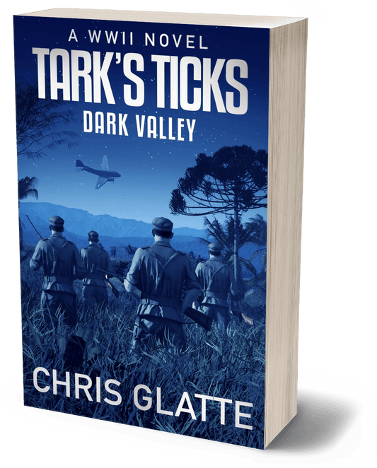 A 3D book cover mockup for the novel 'Tark's Ticks: Dark Valley' by Chris Glatte, featuring a blue-toned WWII scene with soldiers, trees, and an airplane, set against a plain white background.
