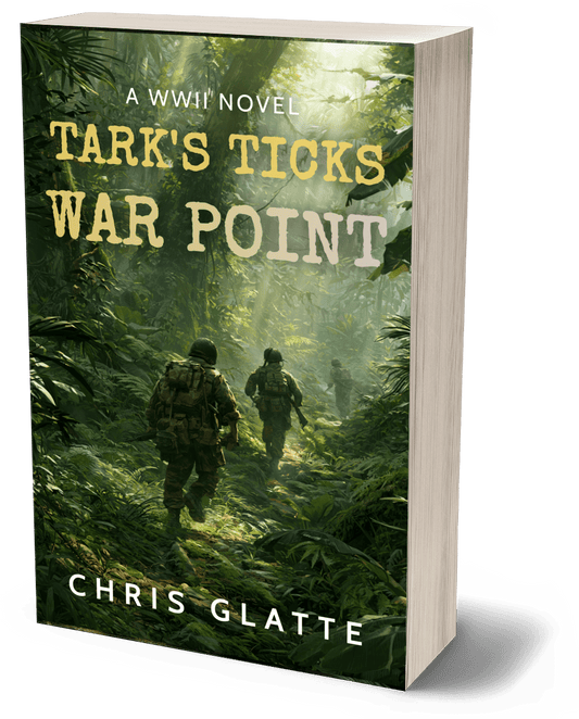 A 3D mockup of a book cover for 'Tark's Ticks War Point' by Chris Glatte, showing soldiers walking through a dense jungle on a light wood-textured background.