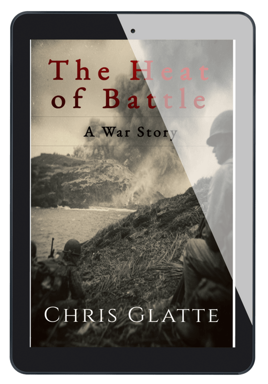 Book cover of 'The Heat of Battle' by Chris Glatte on a tablet screen.